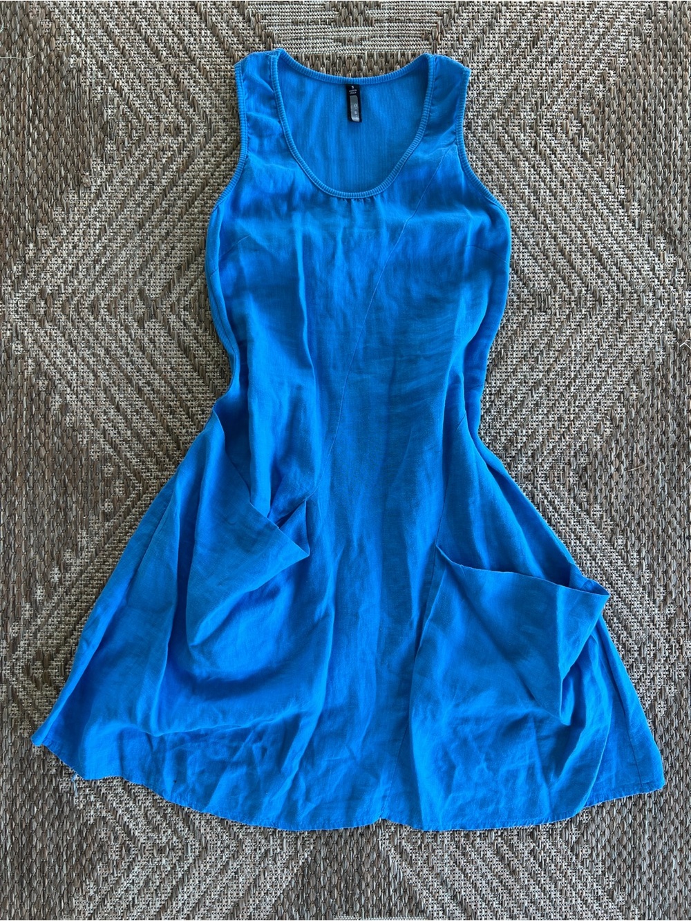 Italian Linen & Cotton Blue Sleeveless Pocket Dress - OIZINI
